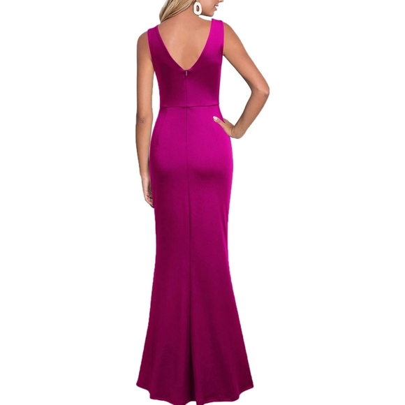 🔥 3/$25 WOOSEA Women Sleeveless V Neck Split Evening Cocktail Long Dress Pink - Picture 2 of 6